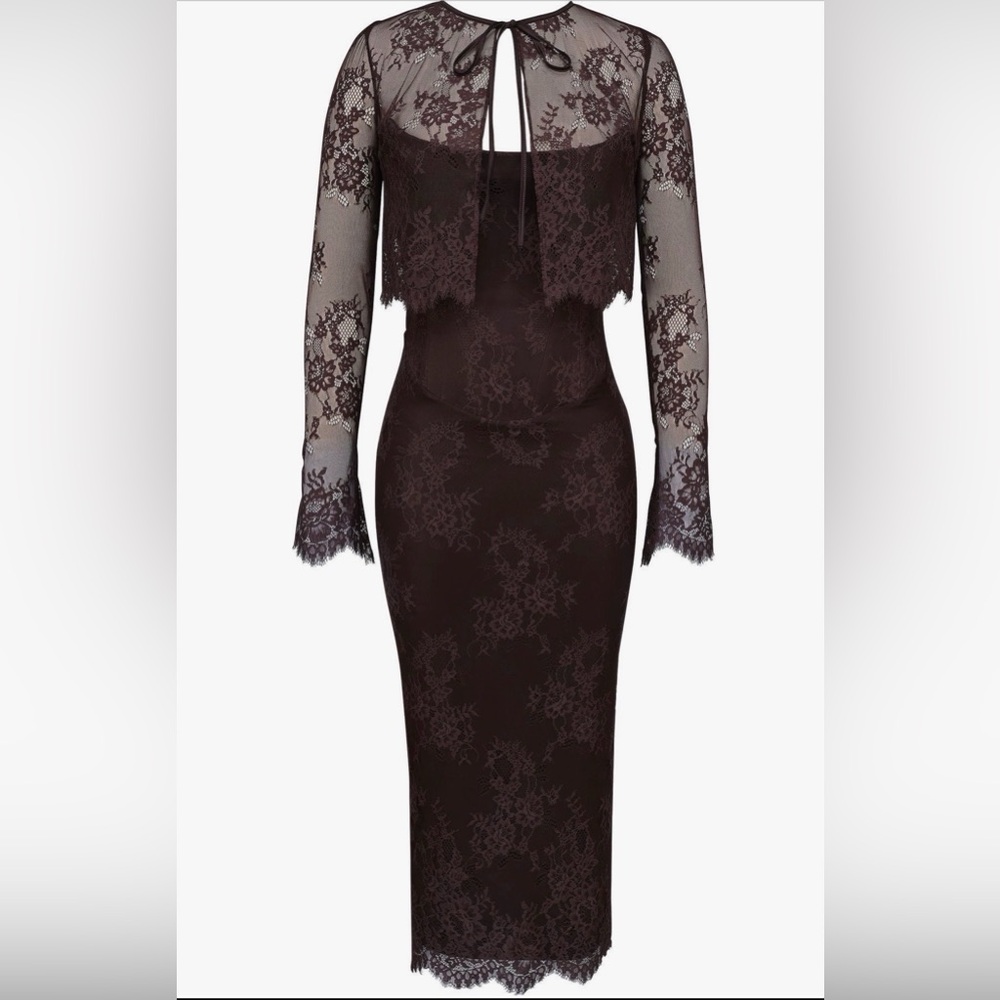 House of CB Dark Brown Lace Long Sleeve Midi Dress